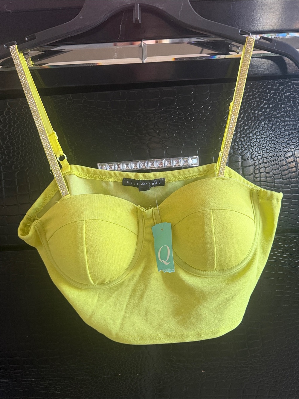 Haute Monde Neon Lime Rhinestone Strap Bustier
